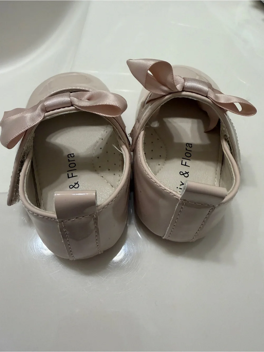 Baby Satin Bow Patent Mary Jane Shoes — Blush